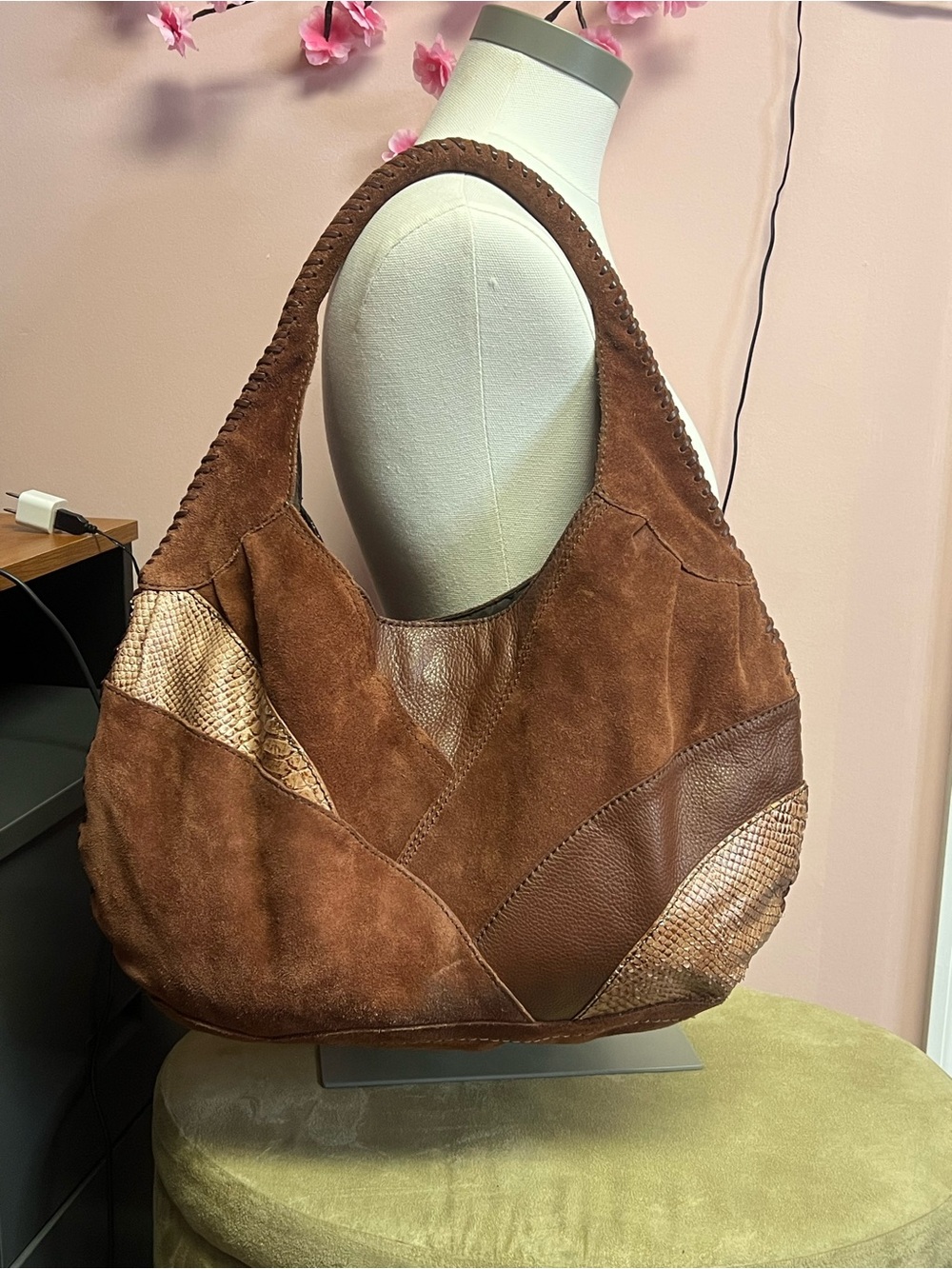 Lucky Brand Brown Patchwork Suede & Leather Hobo